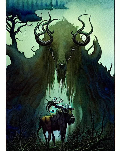 Image similar to a realistic and atmospheric watercolour fantasy character concept art portrait of a 4 0 ft. tall lovecraftian wildebeest emerging from the mist on the moors of ireland at night. by rebecca guay, michael kaluta, charles vess and jean moebius giraud