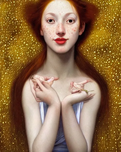 Image similar to a happy, modern looking young woman, seen from behind, among the lights of golden fireflies and nature, long loose red hair, intricate details, green eyes, small nose with freckles, oval smiling face, golden ratio, high contrast, hyper realistic digital art by artemisia lomi gentileschi and caravaggio and artgerm.