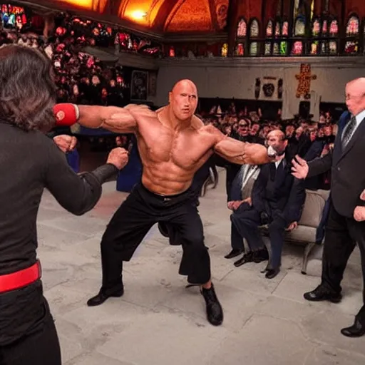 Image similar to dwayne johnson fighting against recep tayyip erdoğan in a church of hell