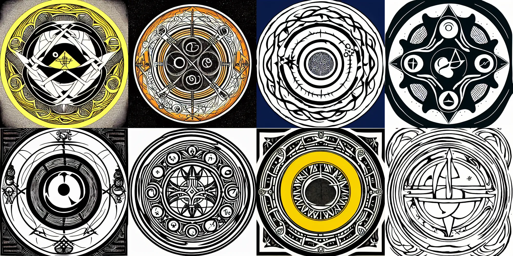 Prompt: a circle with many different symbols in it, a woodcut by Þórarinn B. Þorláksson, shutterstock, art nouveau, wiccan, tarot card, outlined art