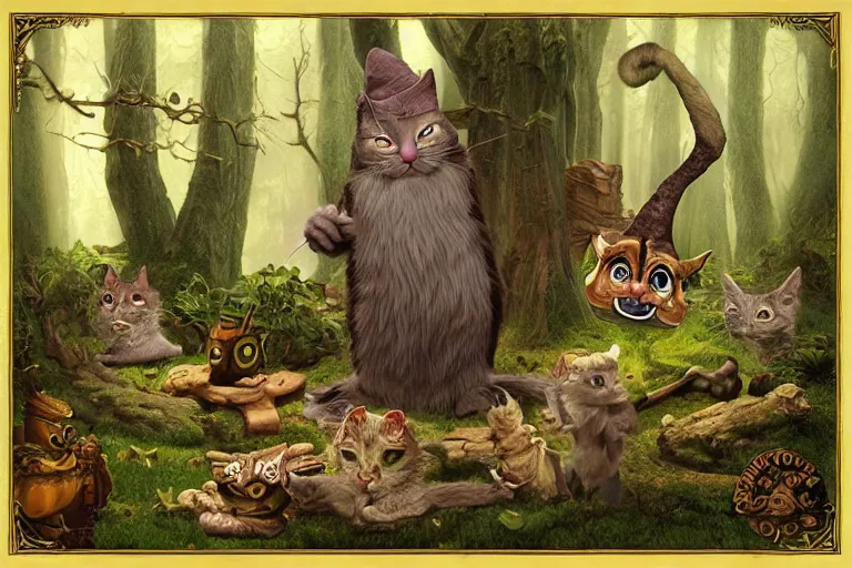 Prompt: old wizard cat and his forest furry creature matte painting, 3 d highly detailed, in the style of mark ryden