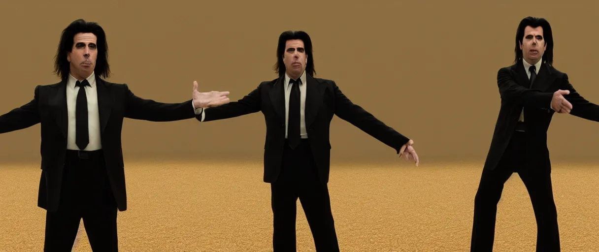Prompt: accidentally wes anderson award - john travolta as vincent vega suprised gesture nobody there ghost town tumbleweed bushes on ground shrugging hand at waist level. standing in black suit high noon golden ratio, 4 k, detailed, art by greg rutkowsky, trending on artstation, cinematic lighting, filmic grain, golden hour, detailed, 4 k