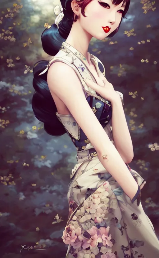 Image similar to a pin up and beautiful fashion and charming and dreamlke japan girl with lv jewelry, character art, art by artgerm lau and kyoung hwan kim and and ilya kuvshinov and john singer sargent, hyperdetailed, 8 k realistic, symmetrical, frostbite 3 engine, cryengine, dof, trending on artstation, digital art