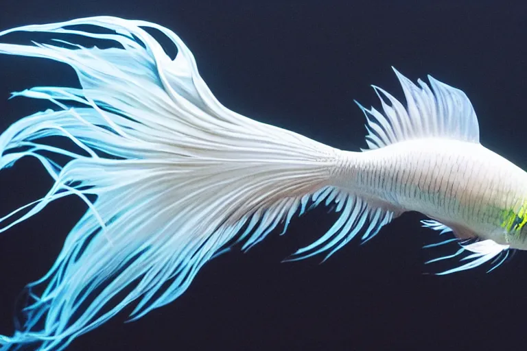 Image similar to a swirling iridescent white betta fish with long swirling fins, black-water-background