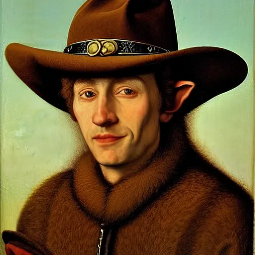 Prompt: 3/4 bust portrait of a shifty high fantasy elf sheriff wearing a cowboy hat and star badge by Jan van Eyck