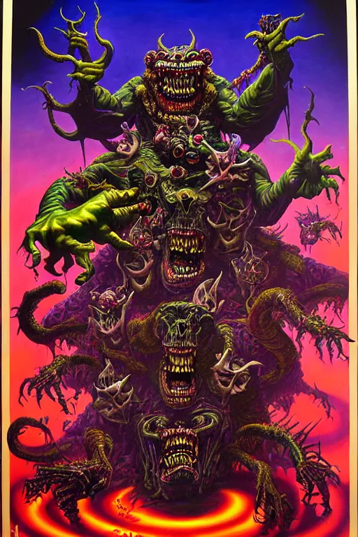 Prompt: a hyperrealistic painting of an epic boss fight against an ornate supreme dark overlord, cinematic horror by chris cunningham, lisa frank, richard corben, highly detailed, vivid color,