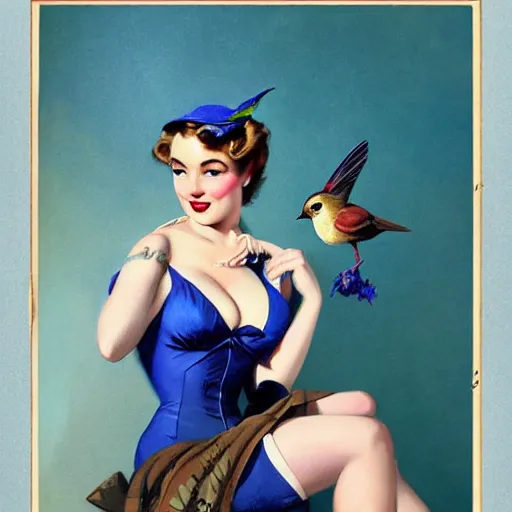 Image similar to portrait of a pinup girl holding an indigo bunting, bird, the bird is wearing a bowtie, by greg rutkowski, rossdraws, gil elvgren, enoch bolles