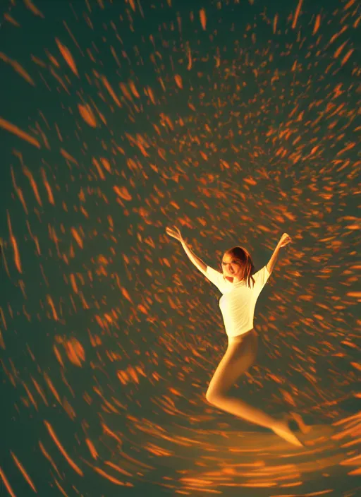 Image similar to female floating, glowing aura, motion blur, film grain, cinematic lighting, experimental film