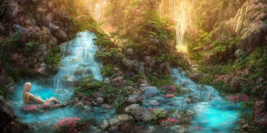 Image similar to cozy mountain hot springs hidden in a cave, lush trees and flowers, sunset, nephilim, rippling pools of water, ethereal, fantasy, James Jean, oozium, peter morbacher, angelarium, alchemy, luxury, heavenly light, Soft illumination, Trending on artstation, Cinematic Lighting, digital painting, octane render, artgerm