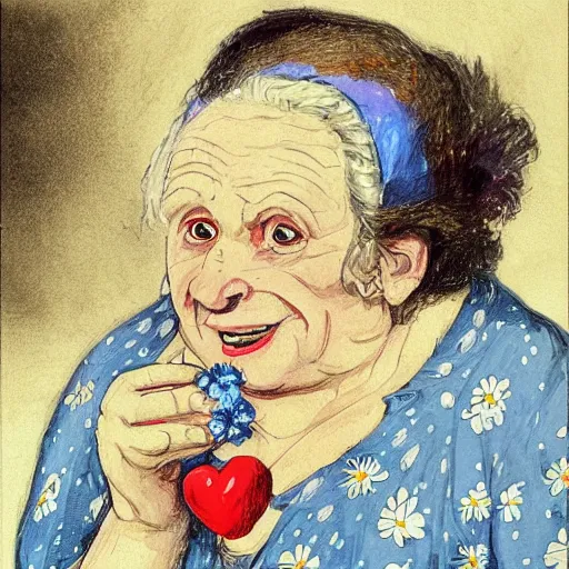 Image similar to of a very funny academic style mixed media style. a sweet fat old woman is in love with her self. flowery dress. symmetrical face, red mouth, blue eyes. a flowery dress. deep focus, lovely scene. a very funny and sweet picture. unreal engine. pencil and ink. goya painting style.