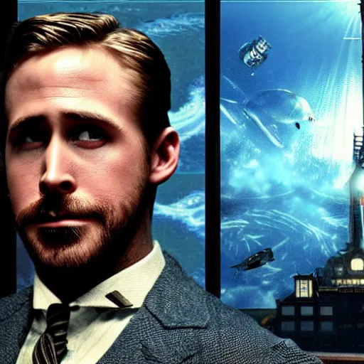 Image similar to a highly detailed cinematic photo from a live - action bioshock movie. andrew ryan, portrayed by ryan gosling, is shown standing in a 1 9 3 0's office with a large desk in front of a floor - to - ceiling window looking out onto the underwater city of rapture shining in the distance, sea life is shown outside of the window