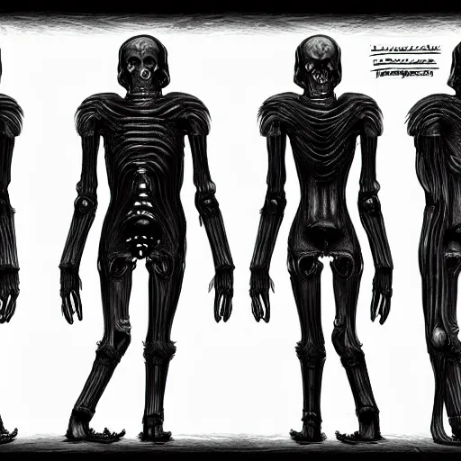 Image similar to human inspired by HR Giger, Character Sheet