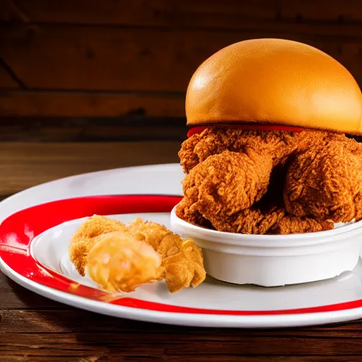 Image similar to a fried chicken milkshake with the kfc logo, next to a shrimp wearing a little red dress on a plate, food photography, studio lighting, hyper realistic, sharp focus, hyper - realistic, 8 k resolution