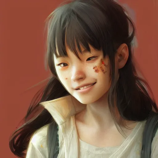 Prompt: a cute fourteen year old japanese girl, tomboy, evil smile, freckles!!!, fully clothed, highly detailed, digital painting, artstation, concept art, sharp focus, illustration, cinematic lighting, art by artgerm and greg rutkowski and alphonse mucha