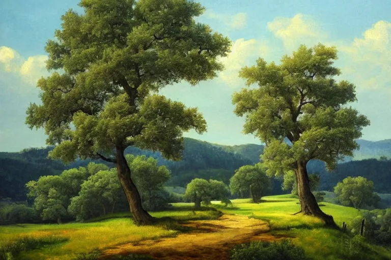 Image similar to masterpiece painting of oak trees on a hillside overlooking a creek, dramatic lighting, by charles santore