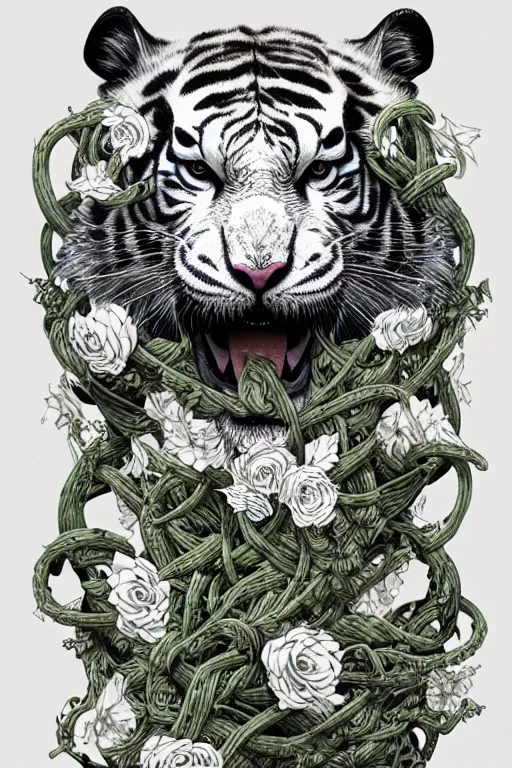 Prompt: ultra realistic full - body white tiger wrapped in vines and white flowers + black paper + elements + white + gold + cyan + baroque + rococo + ink, marc simonetti, paul pope, peter mohrbacher, detailed, intricate ink illustration