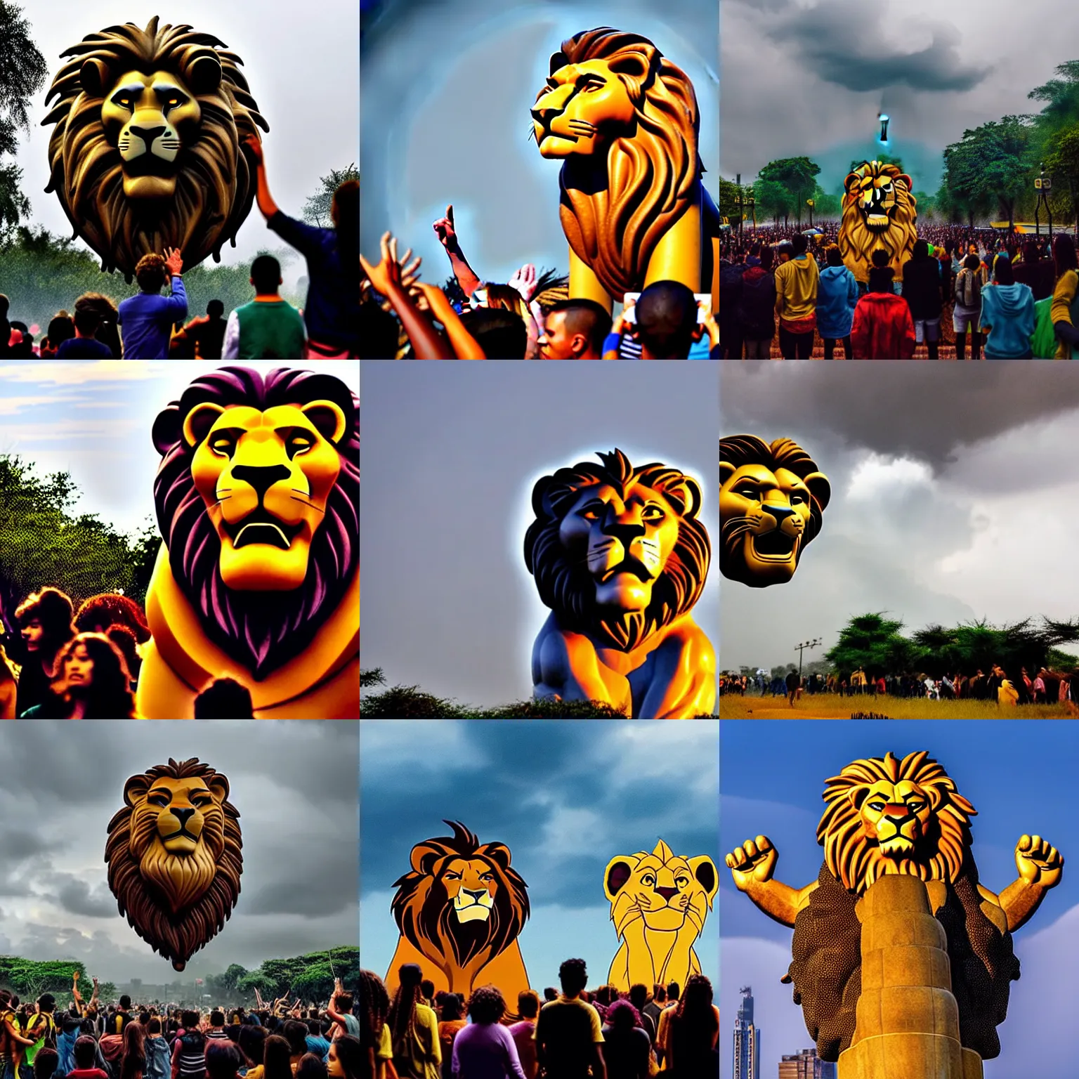 Prompt: people standing in the toxic rain worship the giant cartoon lion head of king mufasa fly from the epic magical skies, king mufasa fly in sky