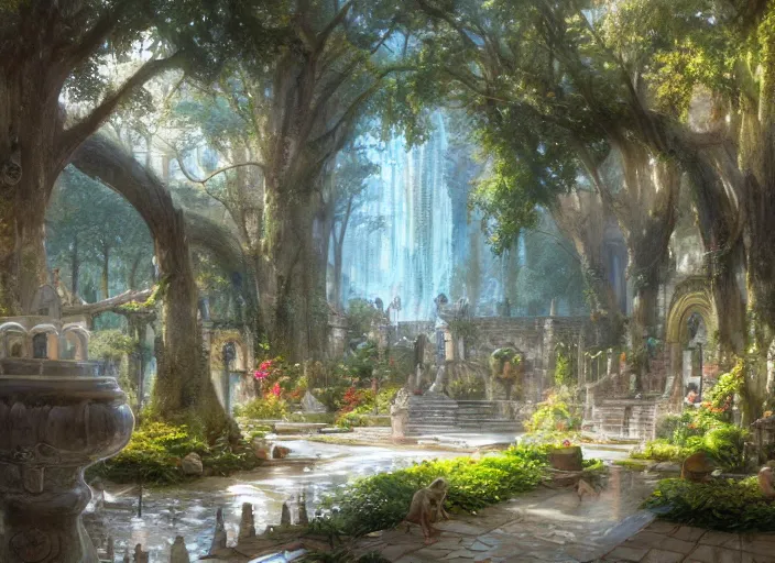 Prompt: a wide open courtyard in a beautiful elven city made of ivory and silver, vivid colors, lush trees, flowers, ponds, fountain, subsurface scattering, volumetric lighting, concept art, fantasy digital painting by James Gurney, by Greg Rutkowski, trending on Artstation, highly detailed