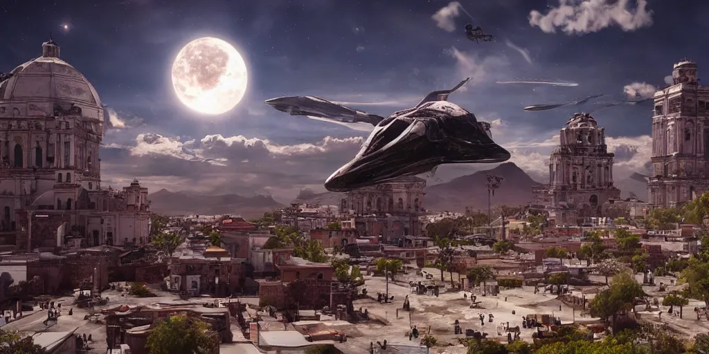 Image similar to tehotihuacan, with a giant space ship in the sky, unreal 5, hyperrealistic, realistic, photorealistic, dynamic lighting, highly detailed, cinematic landscape, studio landscape, studio lighting