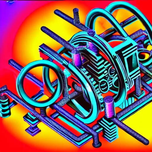 Prompt: a complicated time travel machine engine contraption with sprockets springs cranks cylinders hoses pistons, maze, labyrinth, high detail, intricate abstract, detailed abstract, isometric, optical illusion, cubism, color pencil, bright colors, vivid colors, hyper detailed, high resolution, artstation, created by M.C. Escher