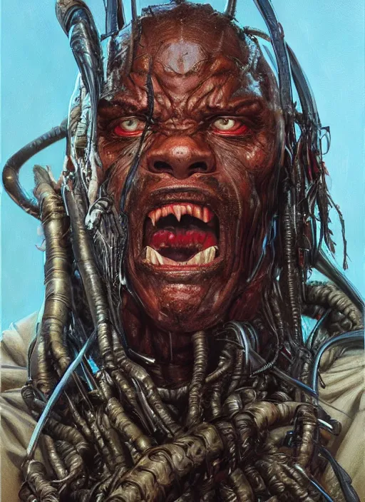 Image similar to portrait of The Predator (1987), highly detailed, centered, solid color background, digital painting, artstation, concept art, smooth, sharp focus, illustration, donato giancola, Joseph Christian Leyendecker, Les Edwards, Ed Repka, WLOP