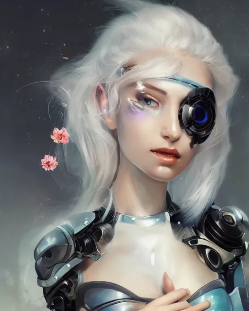 Image similar to cyborg girl with white hair and black skirt, flower decorations, dreamy, beautiful illustration, scifi, radiant, atmosphere, harmony, top lighting, blue eyes, focused, perfect composition, artstation, highly detailed, art by yuhong ding and chengwei pan and serafleur and ina wong