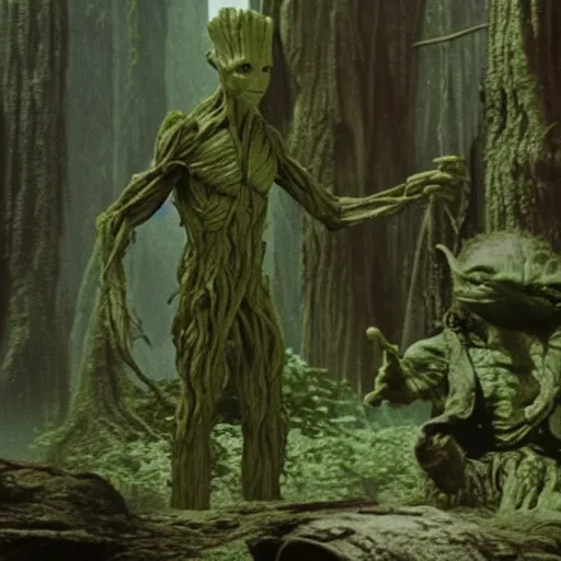 Prompt: Film still of Groot sitting with Yoda on Dagobah, from Star Wars The Empire Strikes Back (1980)