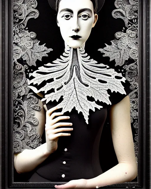 Prompt: masterpiece monochrome profile portrait painting, dutch masters, silver lace floral steampunk biomechanical beautiful one techno eye young female cyborg, big monocular, volumetric light, leaves foliage and stems, hibiscus flowers, by man ray, rim light, big gothic fashion pearl embroidered collar, 8 k