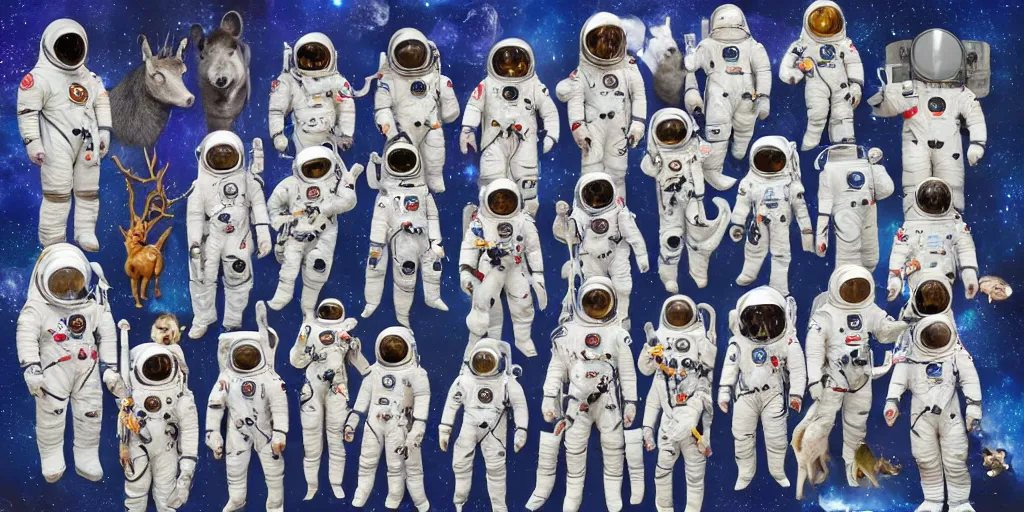 Image similar to Group photo of various animals in spacesuits before going to space. Highly detailed picture.