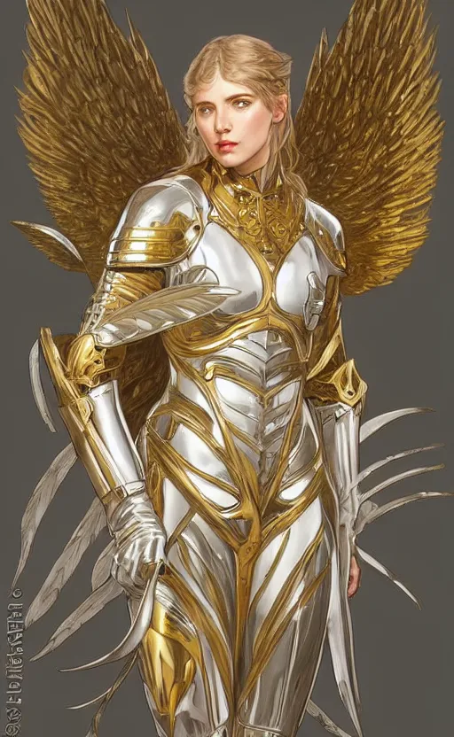 Prompt: Female knight angel in gold and silver armor, their white wings are extended. By artgerm and greg rutkowski and alphonse mucha