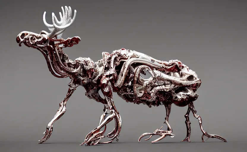 Image similar to stylized shiny polished silver statue full body bizarre extra limbs cosmic horror quadruped animal moose deer skull four legs made of marble of slug worm creature tendrils perfect symmetrical body perfect symmetrical face hyper realistic hyper detailed by johannen voss by michelangelo octane render blender 8 k displayed in pure white studio room anatomical deep red arteries veins flesh animatronic