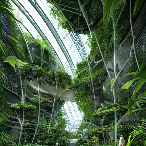 Image similar to stunning indoor jungle inside epic high technology biodome designed by zaha hadid, ultra detailed, highest quality, trending on artstation, award - winning design, 8 k