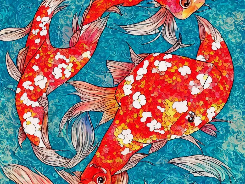 Prompt: colorful koi carp collage illustration pattern, digital painting, highly detailed, intricate, elegant, artstation, concept art, colorful, beautiful, studio ghibli, aoshima chiho, takashi murakami, manga, cute and adorable