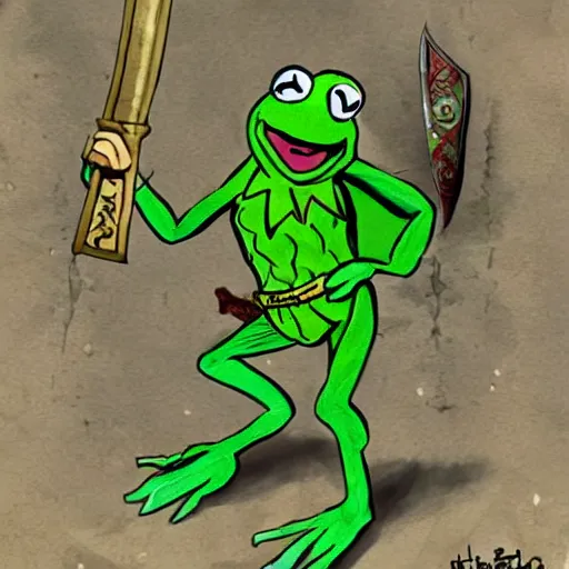 Image similar to kermit the frog as a barbarian warlord, sword and sorcery art