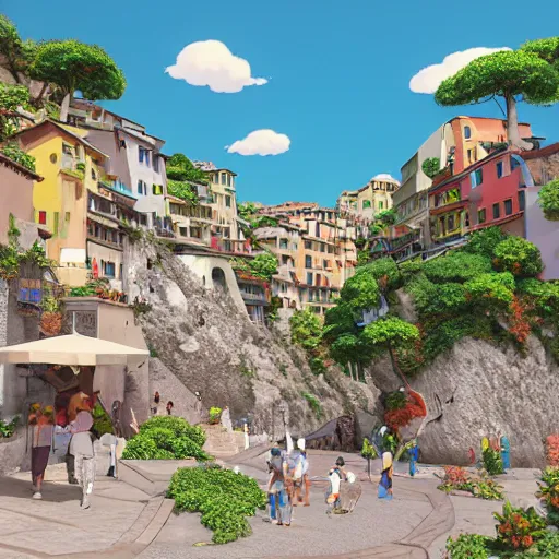 Image similar to pixar 3D render, by studio ghibli, (french bande dessinée), solarpunk, 1244, fantasy setting, mediterranean landscape, quaint old village, cinq terre, highly detailed, luminous, white rock, beautiful, style by moebius, concept art, unreal engine