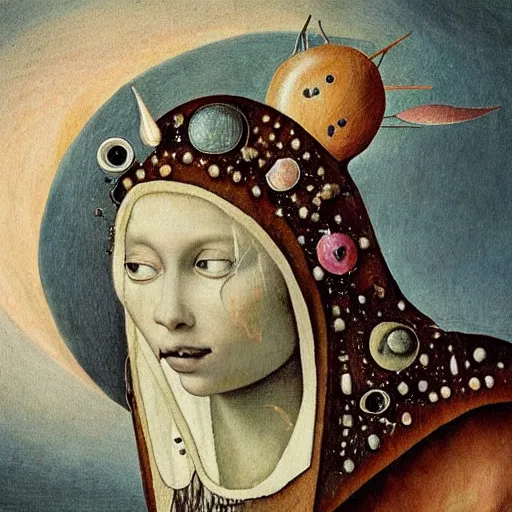 Image similar to realistic bizzare beautiful portrait of alien moon queen of an unknown cibilizational planet in style of hieronymus bosch anne stoke ingo swan style sharp focus 8 k eating a flower