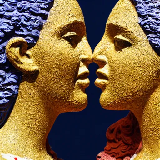 Prompt: close - up of two greek statue women kissing each other, they are covered in splattered acrylic paint