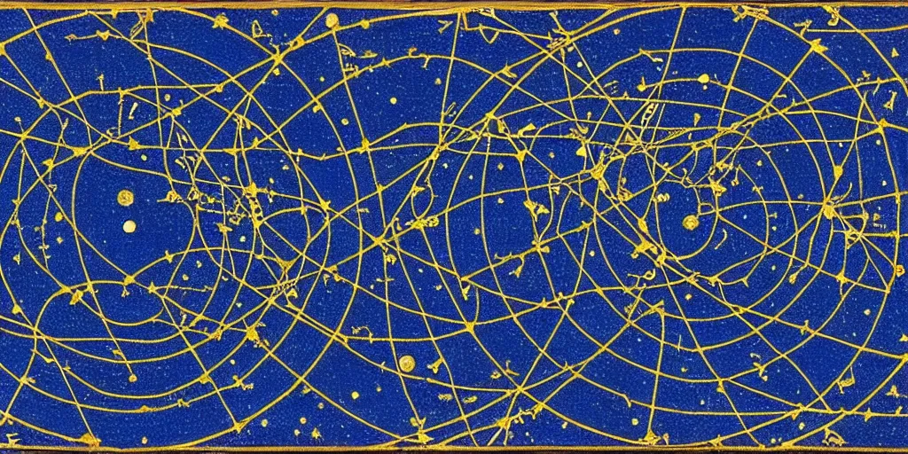 Image similar to ancient cosmic map of the various holes in the universe where time travelers can sneak through the fabric of space time. deep blue with constellations and radiating gold lines and circles, with intricate border. map has been folded and dirtied many times over the centuries