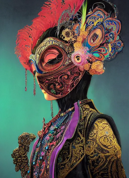 Prompt: centered detailed portrait of a masked woman wearing a venetian mask, vibrant peacock feathers, intricate, elegant, highly detailed, digital painting, artstation, smooth, sharp focus, illustration, illuminated lines, outrun, vaporware, intricate venetian patterns, cyberpunk darksynth, by ruan jia and ilya kuvshinov and alphonse mucha