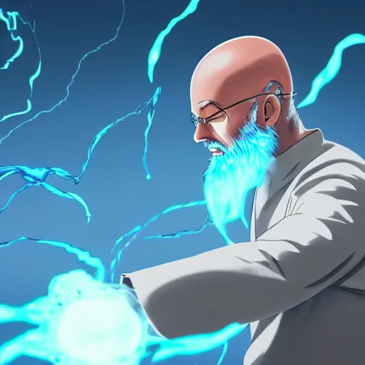 Image similar to The bald mad scientist with beard in the white lab coat has a glowing shield of bioluminescent armor protecting him during the battle. Action photo. Highly stylized. Anime.