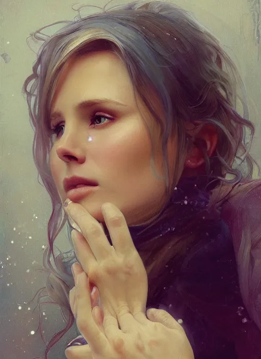 Image similar to beautiful portrait of kristen bell, soft features, by magali villeneuve and greg rutkowski and artgerm and alphonse mucha and jeremy lipkin and rob hay, intricate, elegant, highly detailed, photorealistic, trending on artstation, trending on cgsociety, 8 k, sharp focus