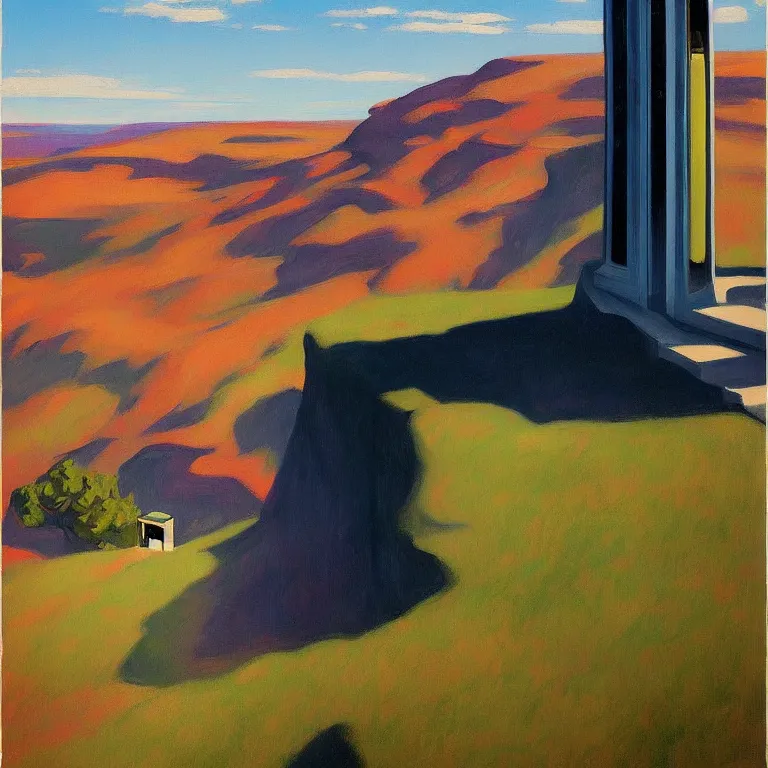 Prompt: phonebooth on a cliff, painted by Edward Hopper, painted by James Gilleard, airbrush