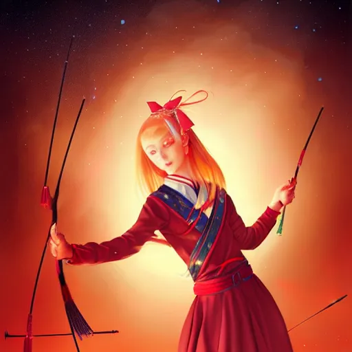 Image similar to colorful and festive captivating teenager girl with blonde hair, red japanese traditional clothes, shooting a firework with bow and arrow at the sky. rich vivid colors, ambient lighting, dynamic lighting, 4 k, atmospheric lighting, painted, intricate, highly detailed by charlie bowater