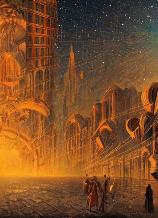 Image similar to ethereal starlit city of magic lost in time at sunset, italian futurism, da vinci, hd, digital painting