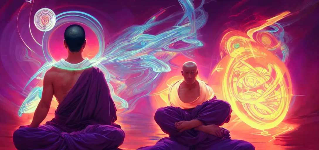 Image similar to a floating monk meditating, channeling swirling energy, wearing netrunner clothing, vaporwave aesthetic, colorful, psychedelic, digital painting, artstation, concept art, smooth, sharp focus, illustration, art by artgerm and greg rutkowski and alphonse mucha