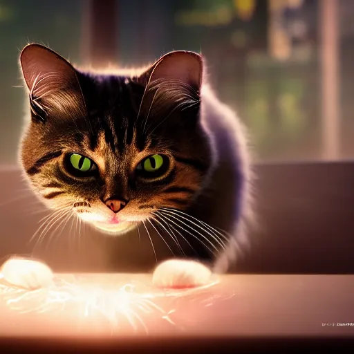 Image similar to lil bub the cat, splash art, movie still, cinematic lighting, dramatic, octane render, long lens, shallow depth of field, bokeh, anamorphic lens flare, 8k, hyper detailed, 35mm film grain