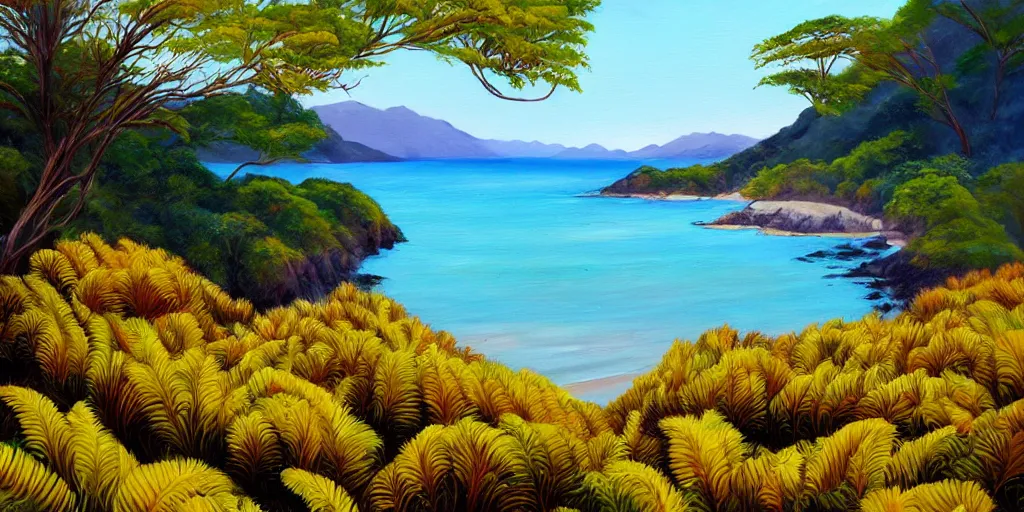 Image similar to golden bay new zealand, abel tasman, native NZ bush ferns, colorful oil painting, trending on artstation