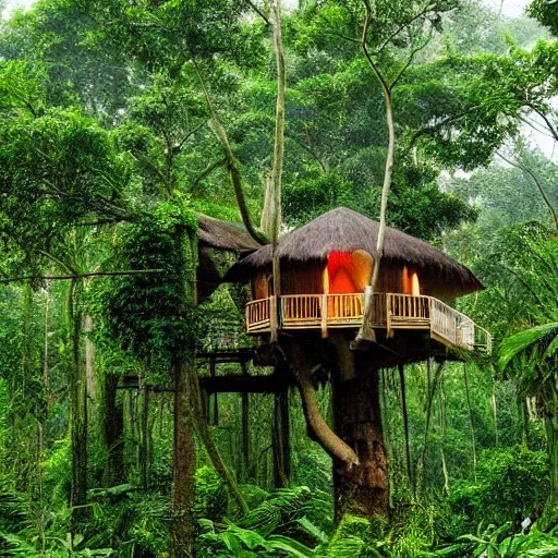 Prompt: a treehouse in a lush jungle during a thunderstorm in the evening