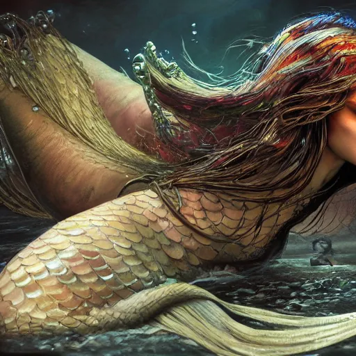 Image similar to a sad mermaid smothered in motor oil and thrash, ultra realistic, concept art, intricate details, highly detailed, photorealistic, octane render, 8 k, unreal engine, art by frank frazetta, simon bisley, brom