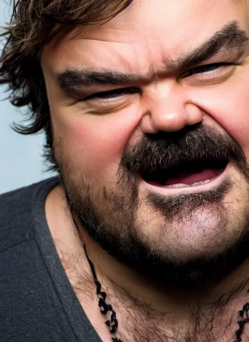 Prompt: photorealistic portrait photograph of jack black looking at you with a goofy expression, depth of field, soft focus, highly detailed, intricate, realistic, national geographic cover, soft glow, textured skin